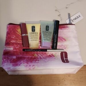 Clinique Pink and White Bag with Skincare and Makeup Set
